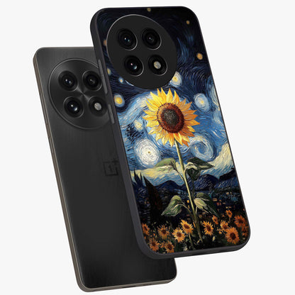 Van Gogh Sunflower Glass Case for 1+13R angled mockup showcasing glossy finish and bold yellow tones