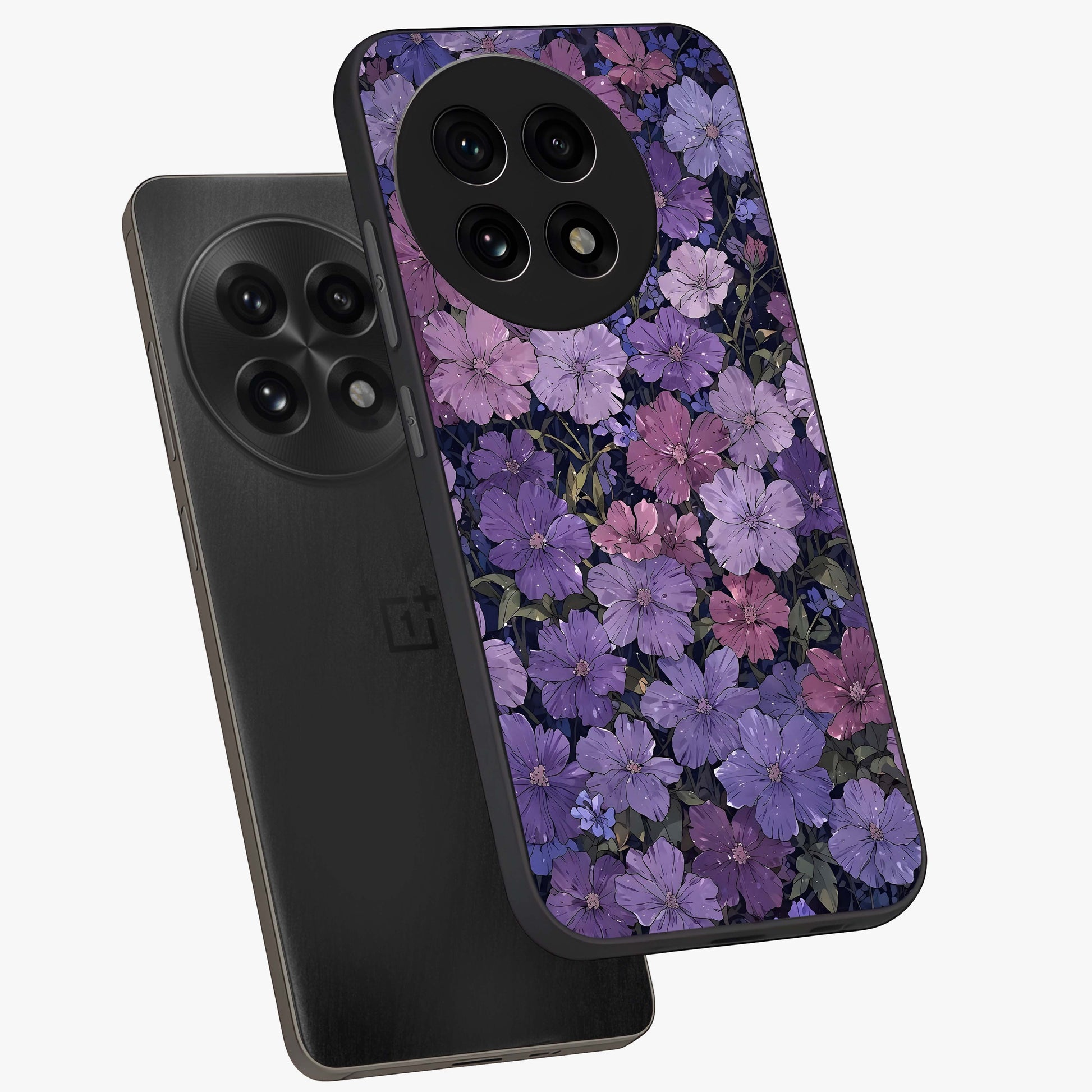 Velvet Bloom Tapestry Glass Case for 1+13R angled mockup showcasing glossy finish and deep velvet tones