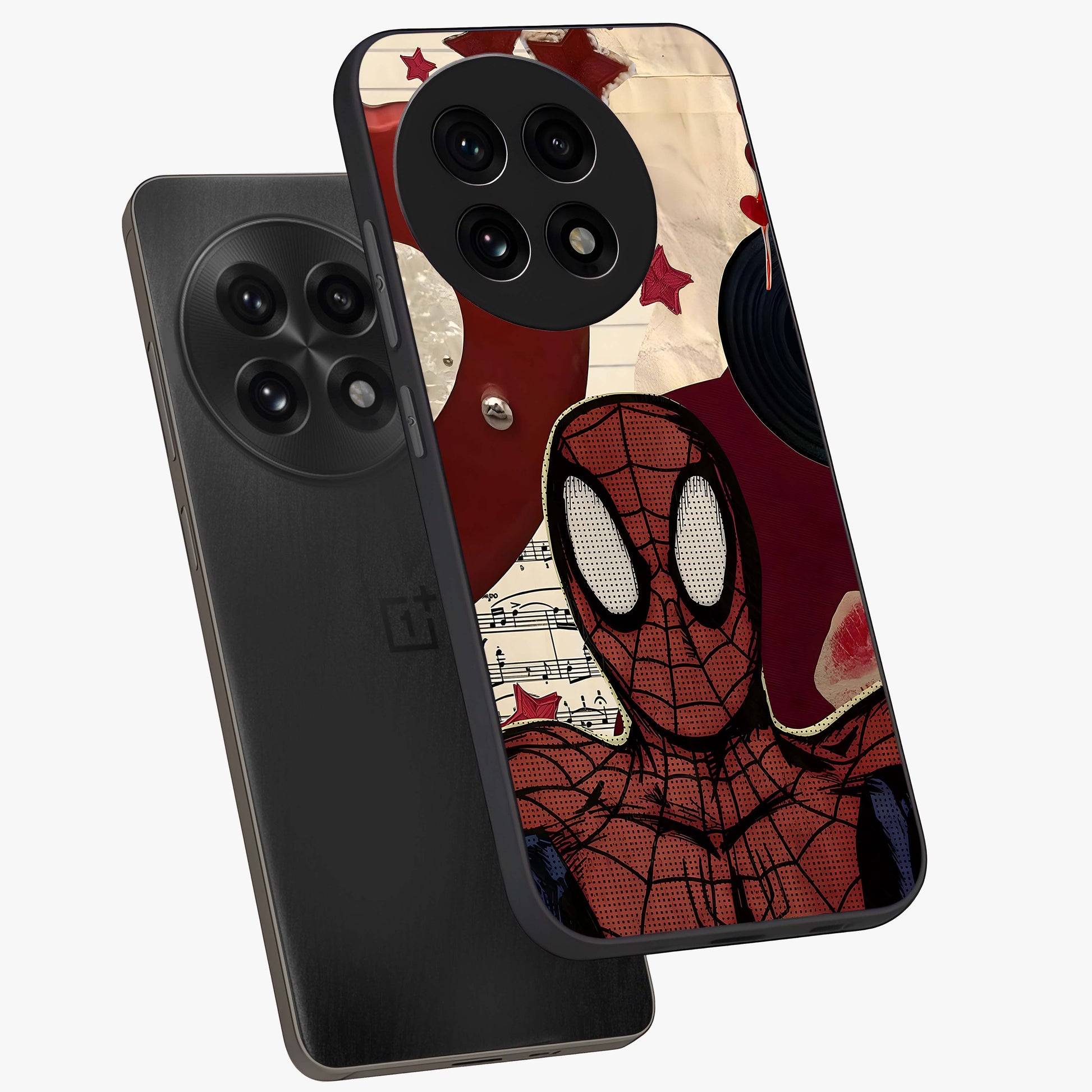 Web Warrior Vibes Glass Case for 1+13R angled mockup showcasing glossy finish and bold comic style detailing