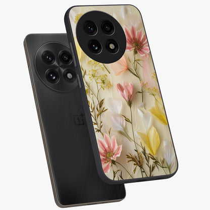 Whispering Petal Harmony Glass Case for 1+13R angled mockup showcasing glossy finish and delicate bloom detailing