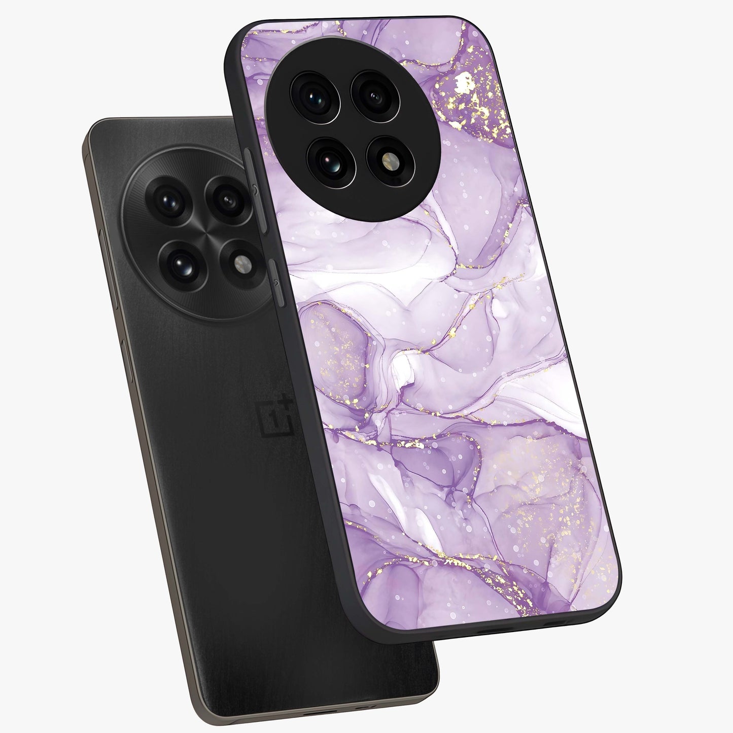 White and Purple Marble Glass Case for 1+13R angled mockup showcasing glossy finish and refined stone detailing