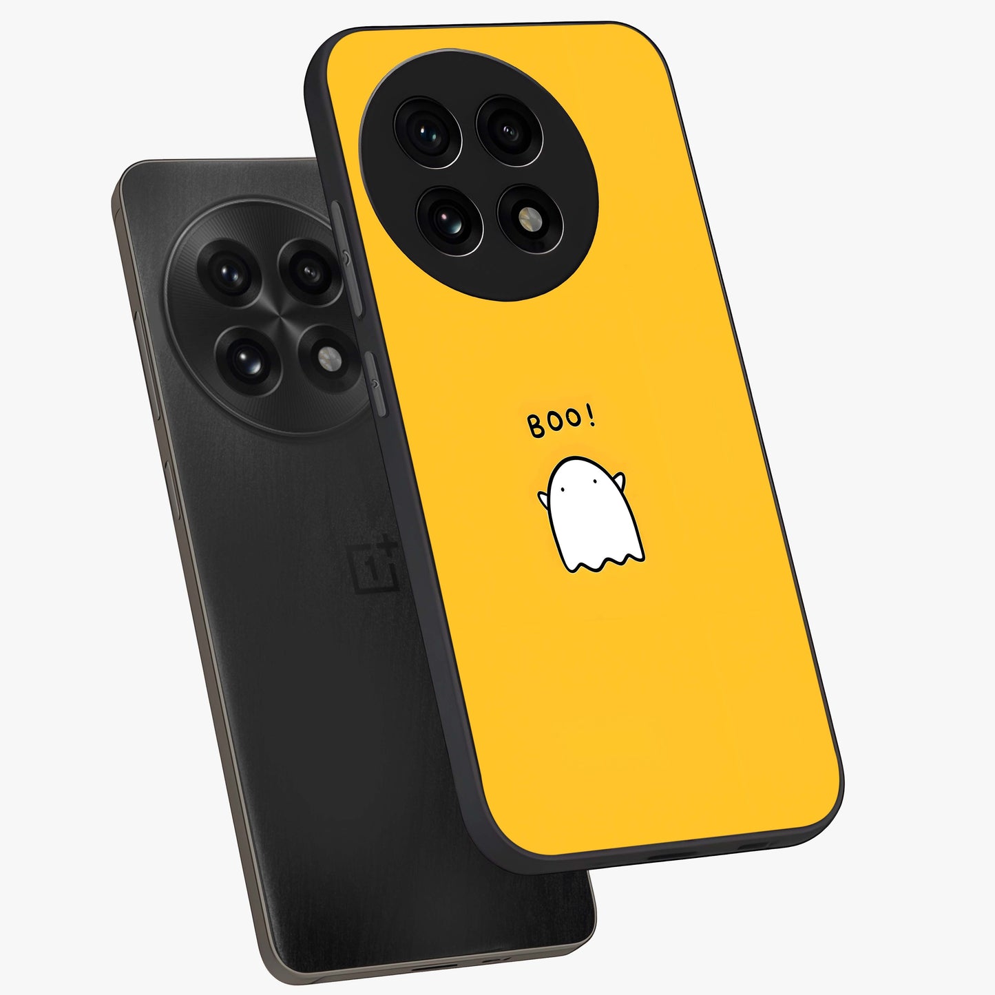 Yellow Boo Ghost Glass Case for 1+13R angled mockup showcasing glossy finish and fun animated detailing