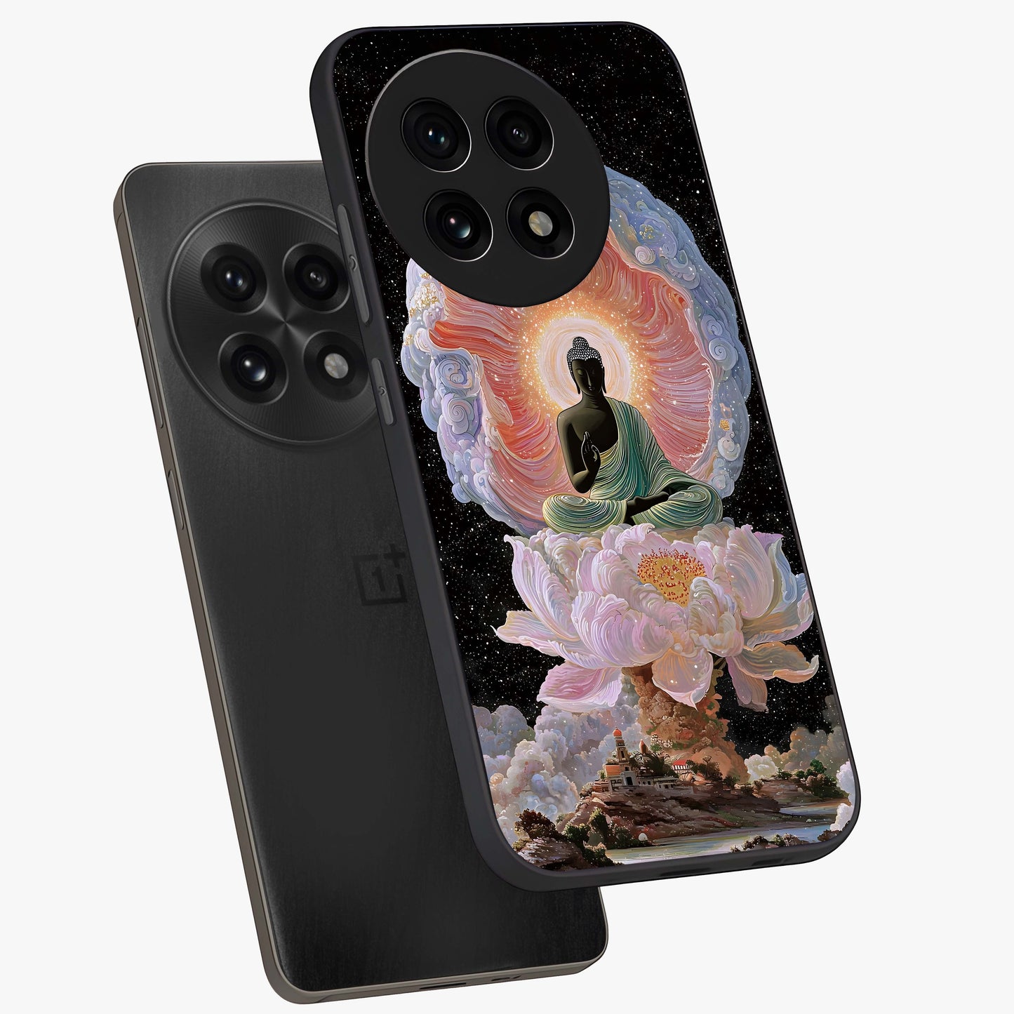 Zen Lotus Realm Glass Case for 1+13R angled mockup showcasing glossy finish and serene gradient detailing
