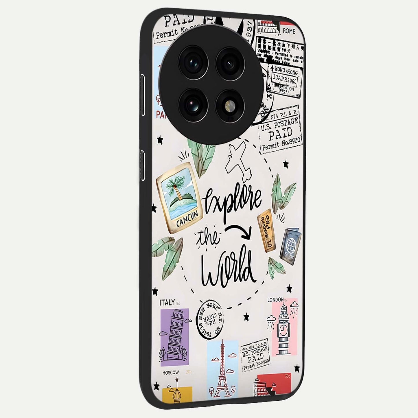 Adventure Awaits Art Glass Case for 1+13R side perspective highlighting motivational travel graphic details