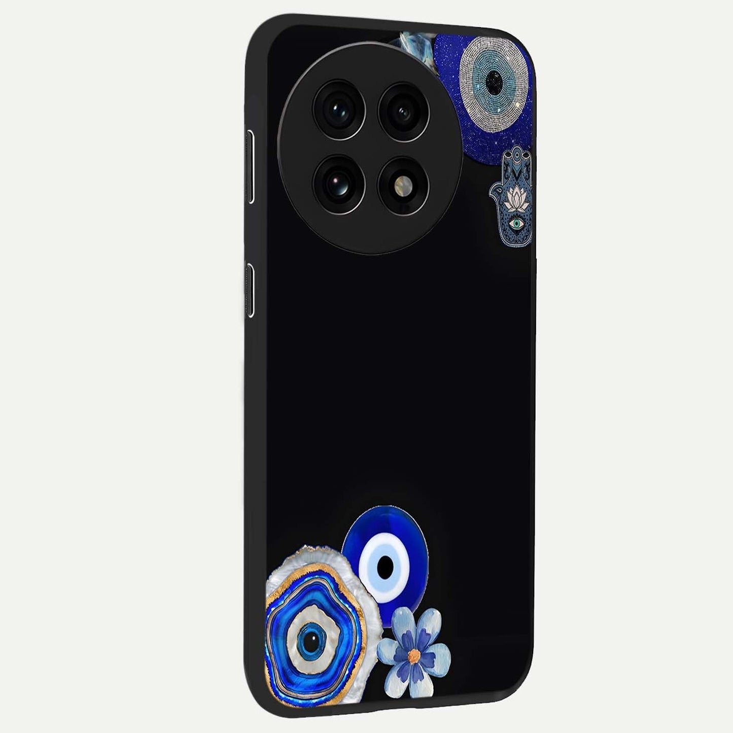 Aesthetic Blue Evil Eye Glass Case for 1+13R side perspective highlighting bold blue evil eye detailing