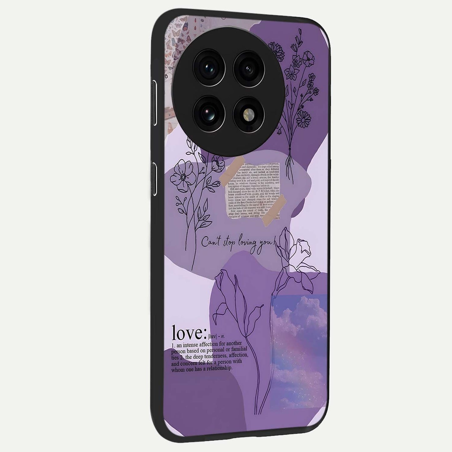 Aesthetic Love With Flower Glass Case for 1+13R side perspective highlighting delicate flower illustration details
