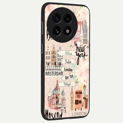 Aesthetic Travel Glass Case for 1+13R side perspective highlighting bold travel graphic details