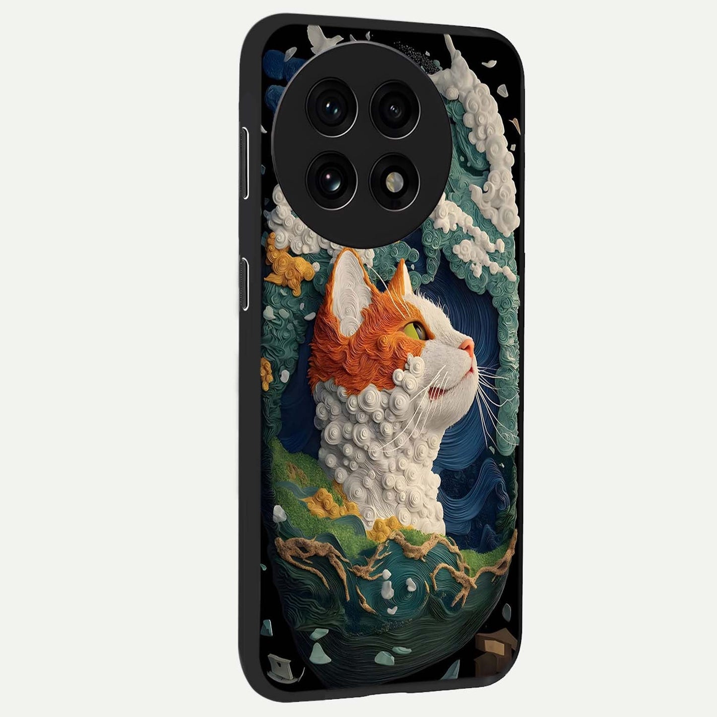Aurora Cat Dreams Glass Case for 1+13R side perspective highlighting detailed feline illustration and smooth edges