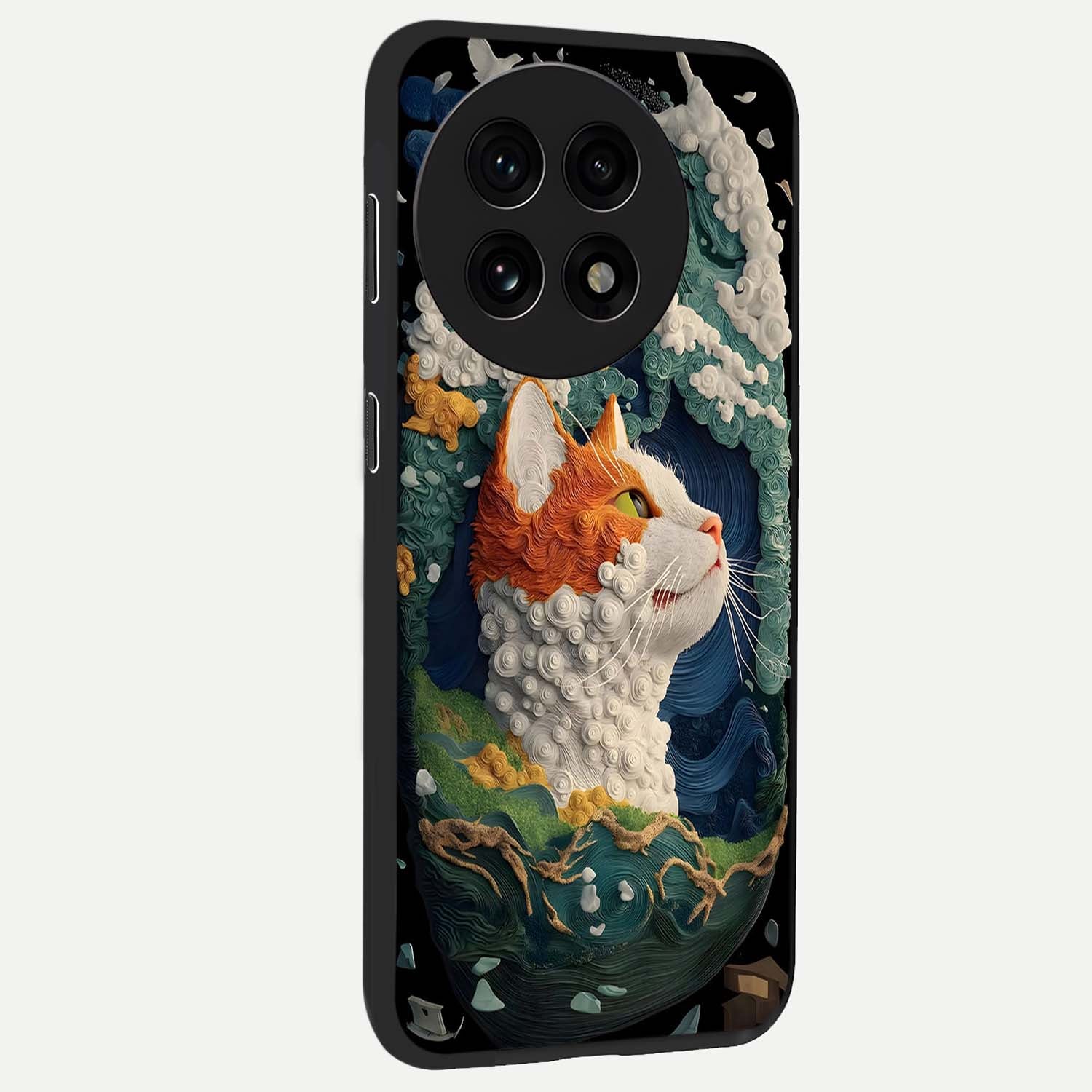 Aurora Cat Dreams Glass Case for 1+13R side perspective highlighting detailed feline illustration and smooth edges