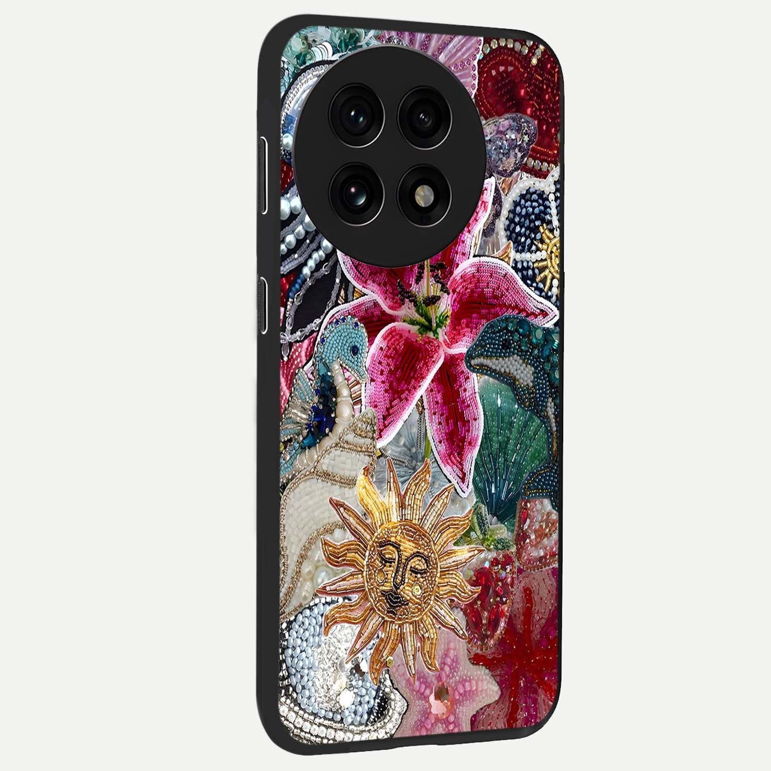 Beaded Garden Fantasy Glass Case for 1+13R side perspective highlighting intricate bead patterns and vibrant colors