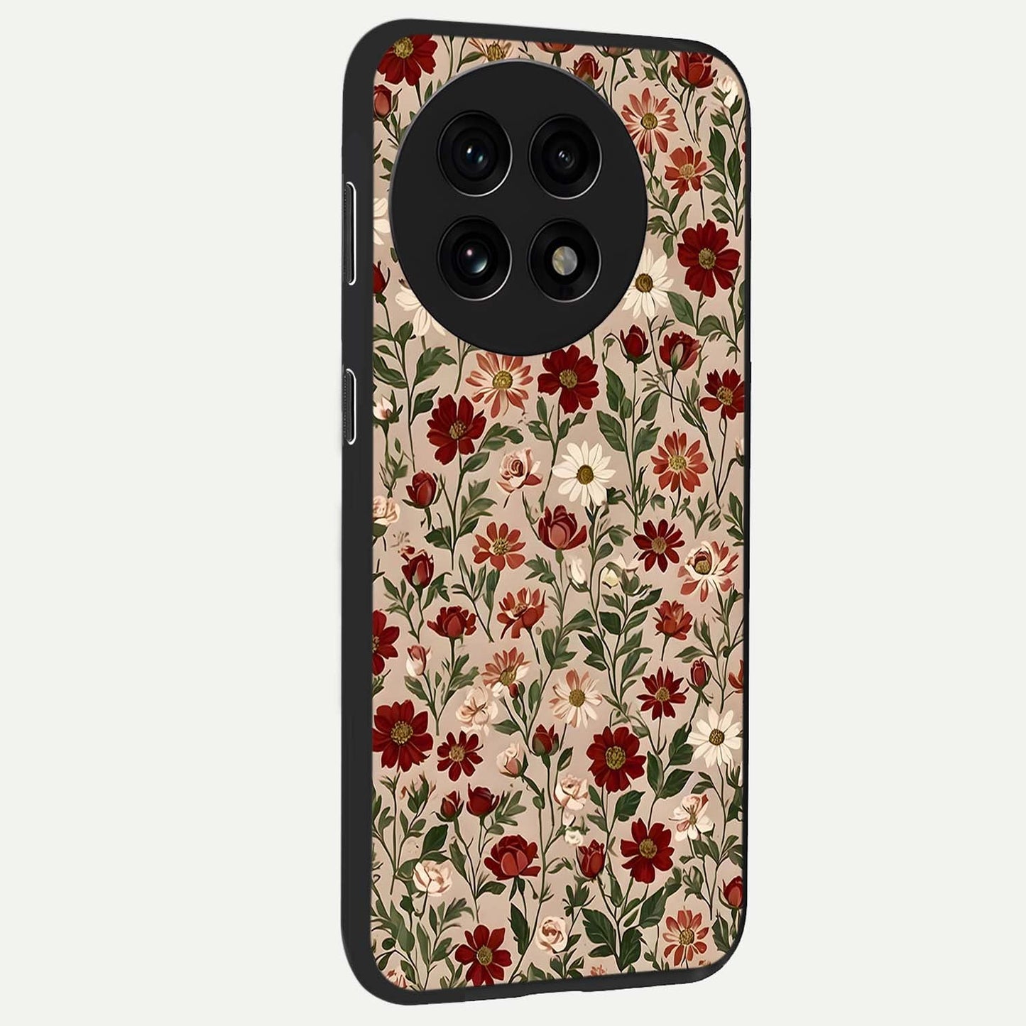 Biege Flower With Leaf Glass Case for 1+13R side perspective highlighting subtle tones and elegant flower texture