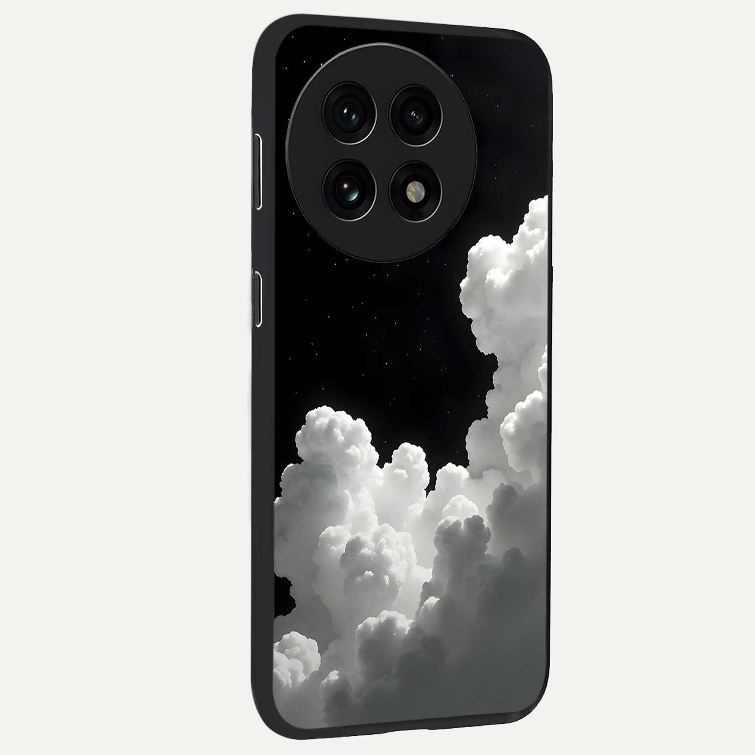 Black Background With White Cloud Glass Case for 1+13R side perspective highlighting smooth edges and minimalist sky theme