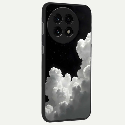 Black Background With White Cloud Glass Case for 1+13R side perspective highlighting smooth edges and minimalist sky theme
