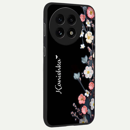Black Elegance Floral Custom Name Glass Case for 1+13R side perspective highlighting elegant floral detailing and premium edges