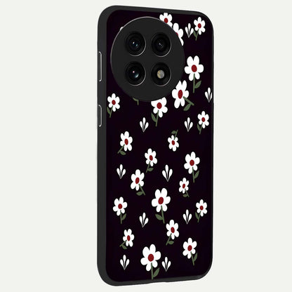 Black Prints Daisy Flower Pattern Glass Case for 1+13R side perspective highlighting delicate daisy details and smooth edges