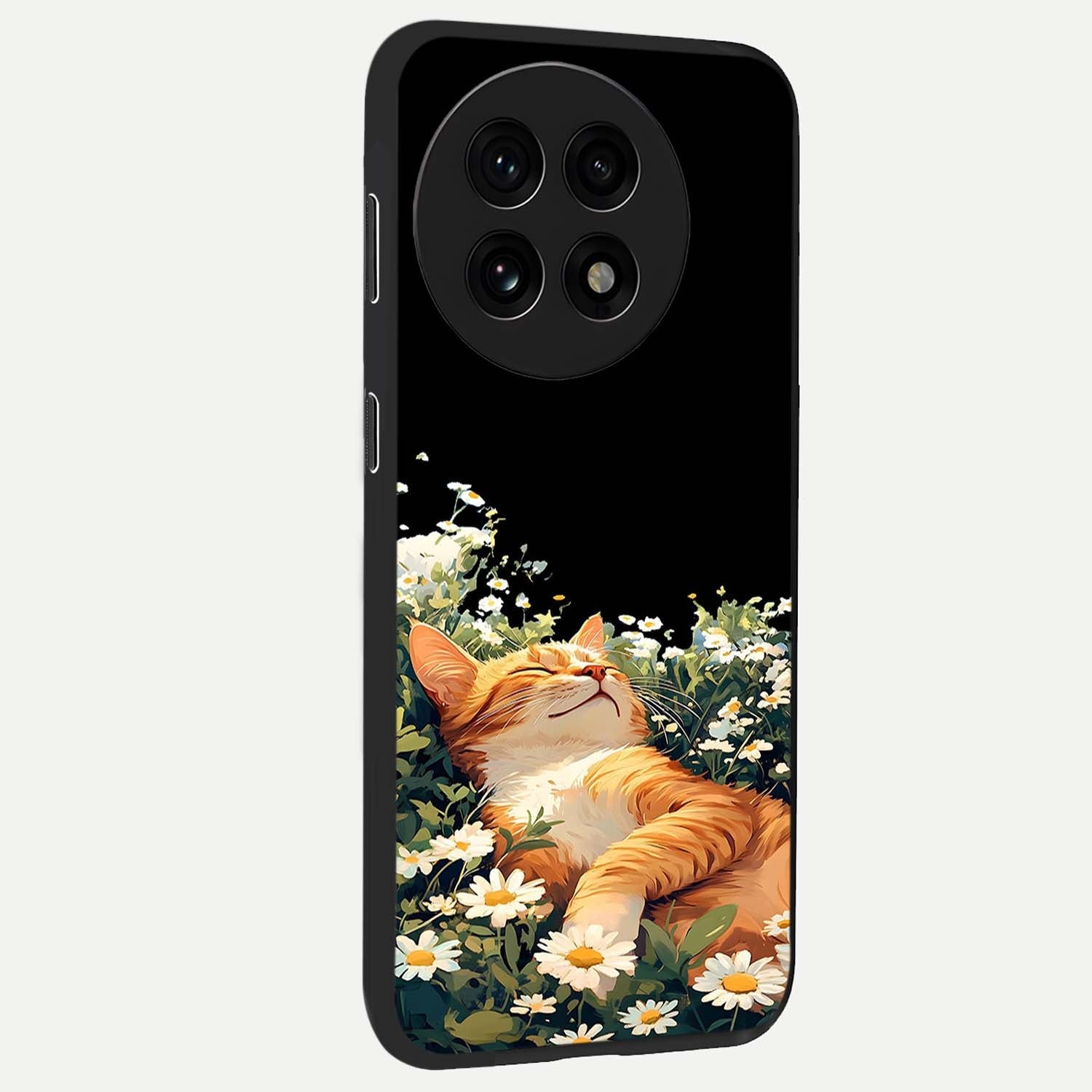 Blissful Bloom Cat Glass Case for 1+13R side perspective highlighting cute feline illustration and premium edges