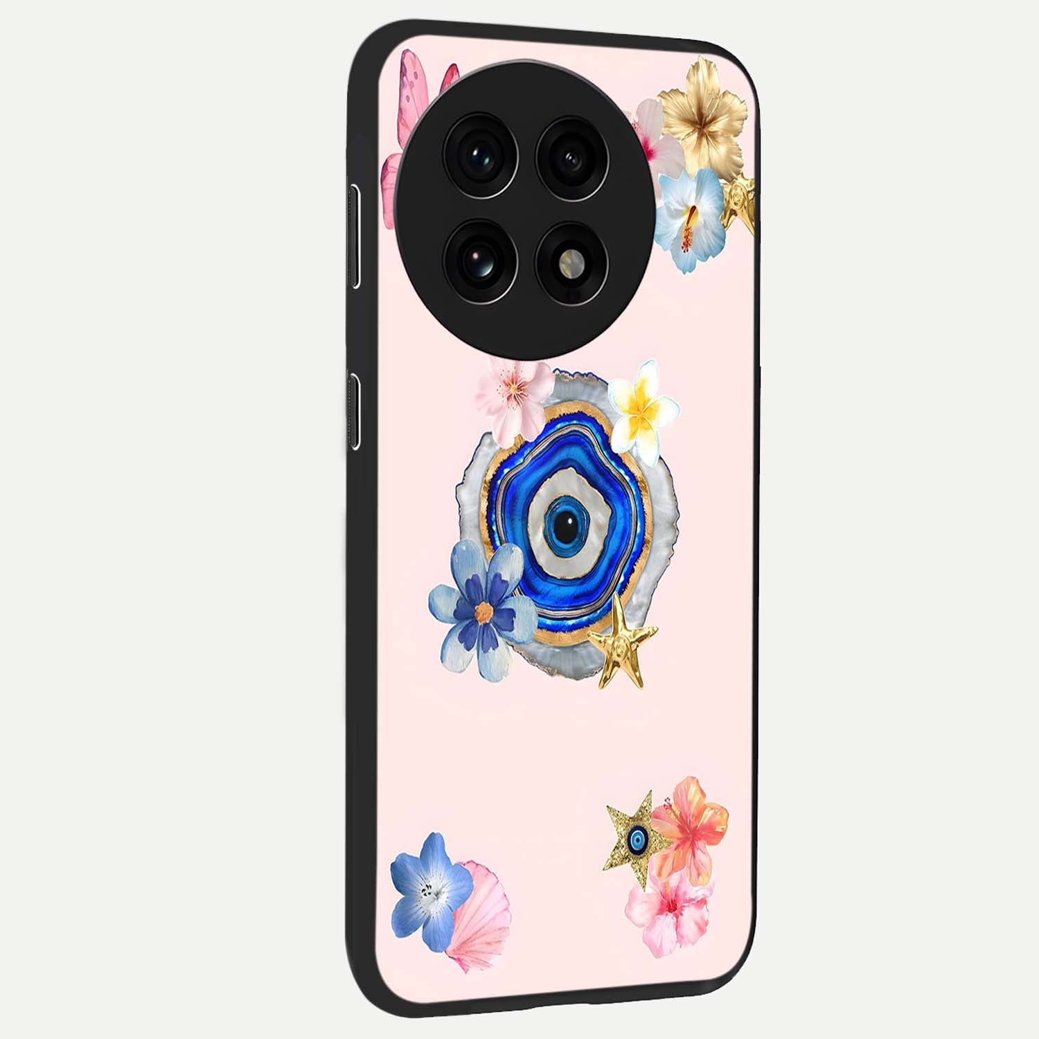 Blossom Evil Charm Glass Case for 1+13R side perspective highlighting delicate blossom detailing and bold symbol contrast