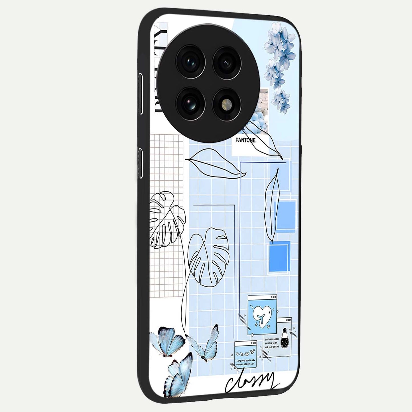Blue Aesthetic Flower Glass Case for 1+13R side perspective highlighting calming blue tones and premium detailing