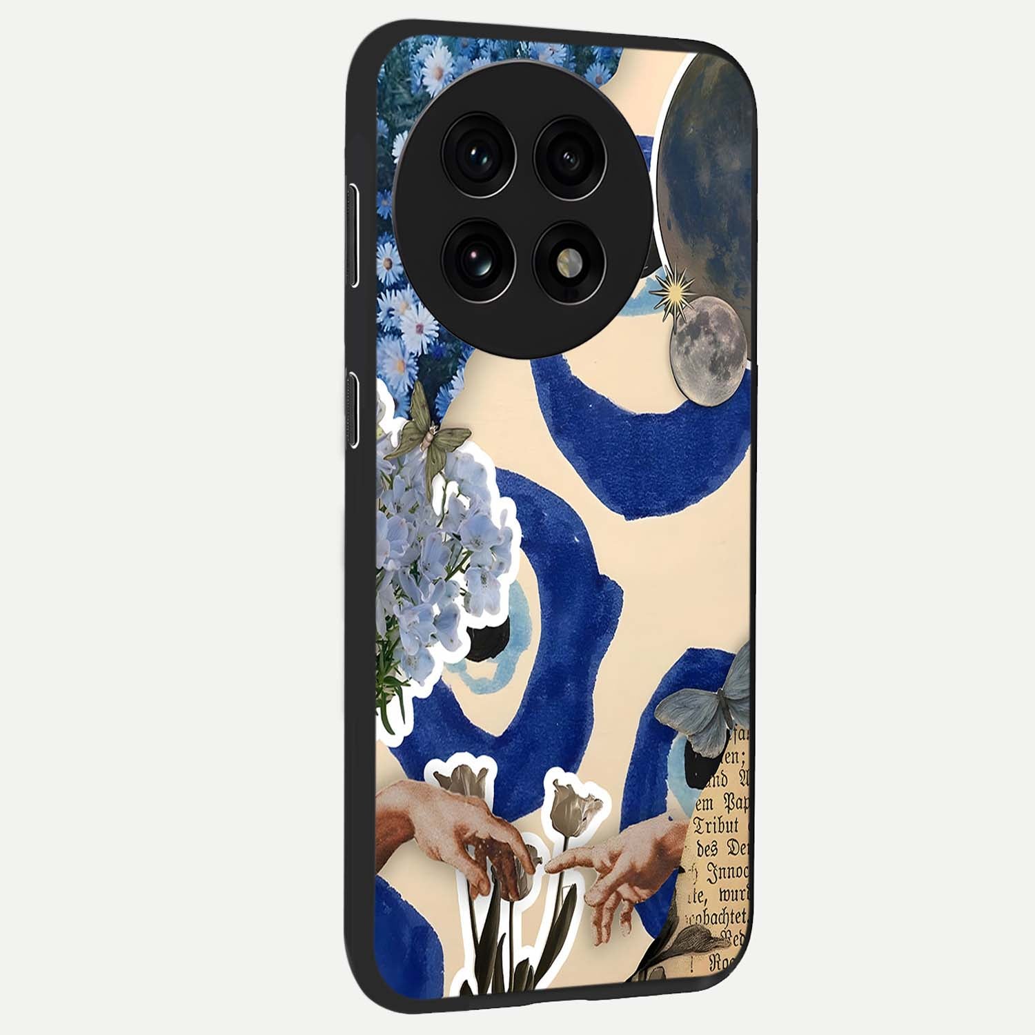 Blue Evil Divine Glass Case for 1+13R side perspective highlighting protective charm detailing and smooth premium edges