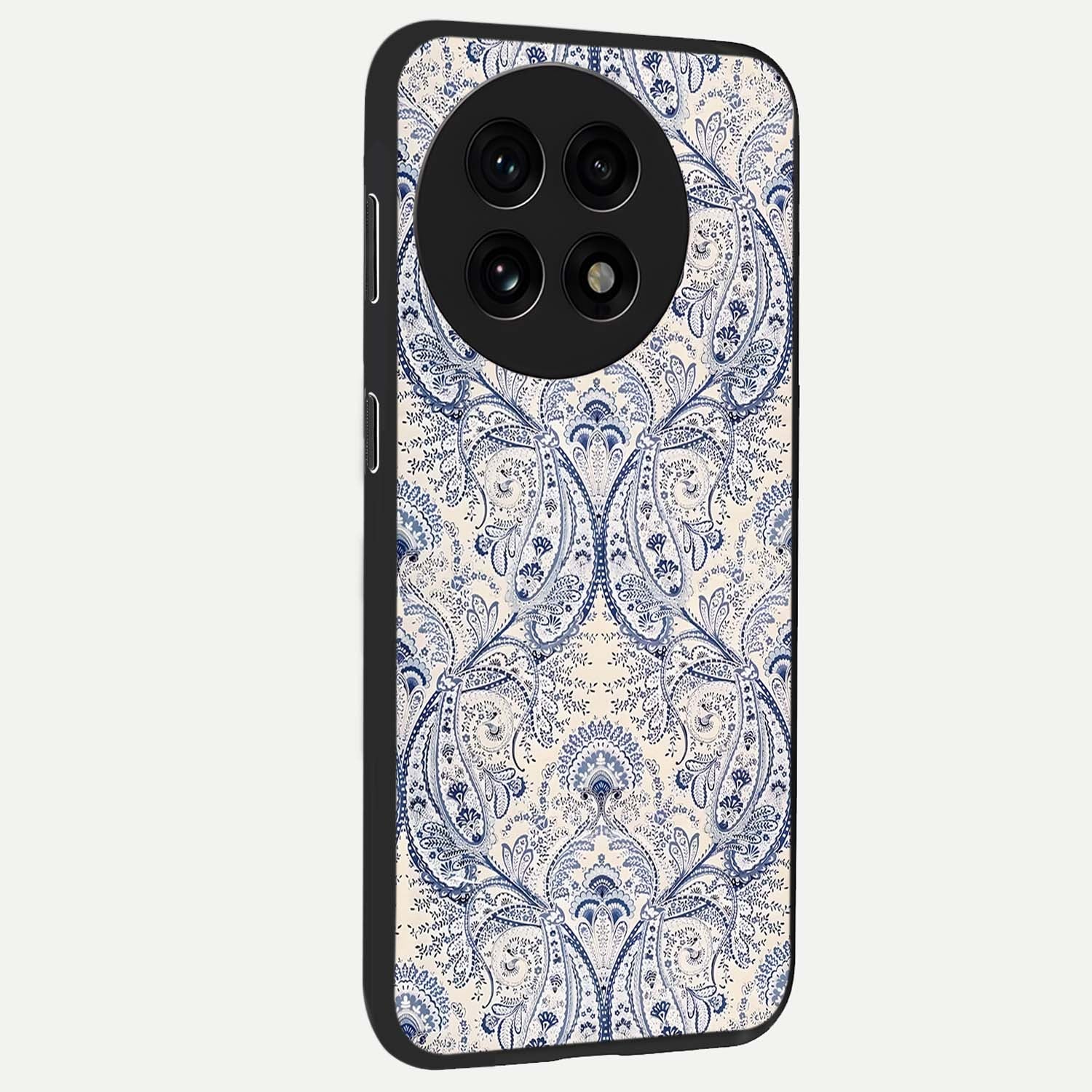 Blue Paisley Bloom Glass Case for 1+13R side perspective highlighting elegant paisley textures and premium build