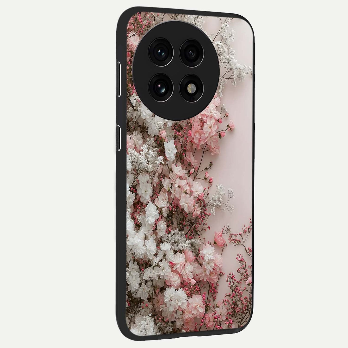 Blush Blossom Cloud Glass Case for 1+13R side perspective highlighting airy blush detailing and premium build