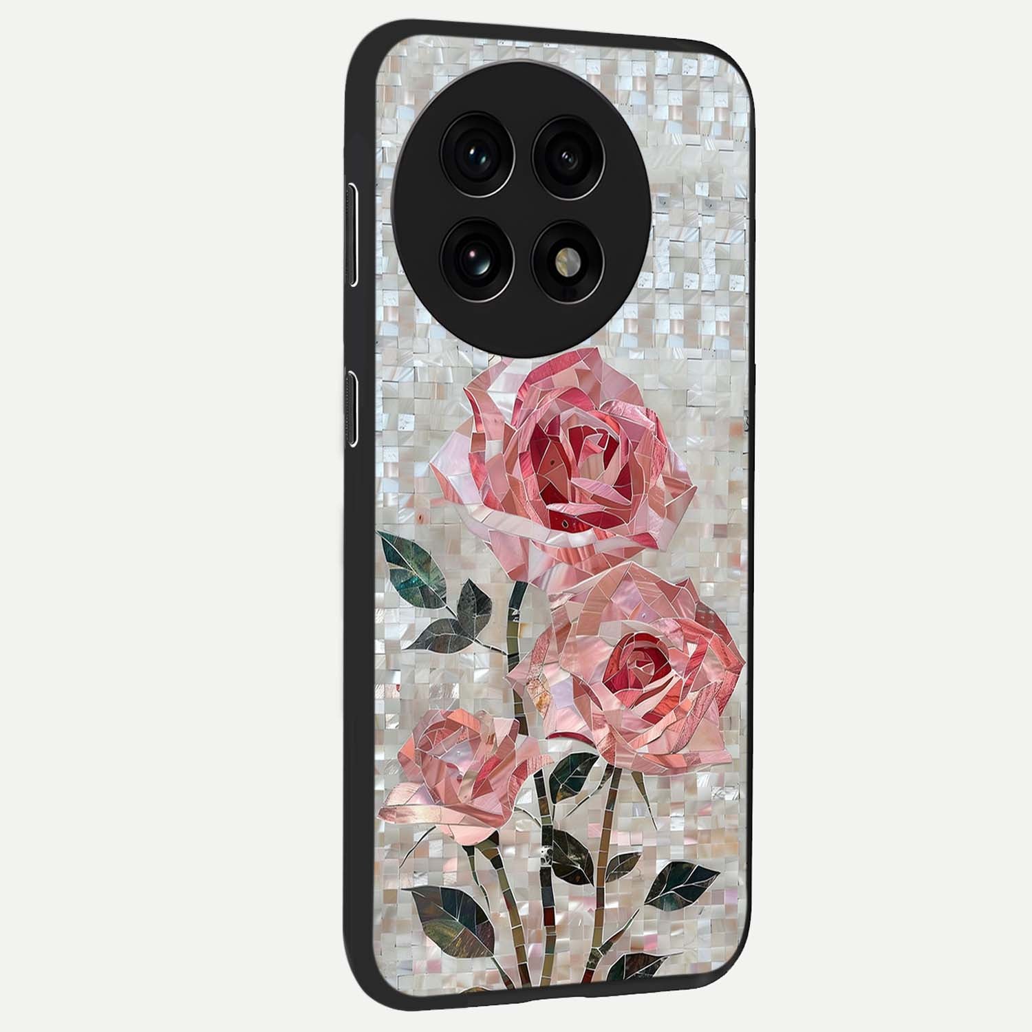 Blush Luxe Bloom Glass Case for 1+13R side perspective highlighting elegant floral textures and sleek edges