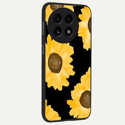 Bold Sunflowers Glow Glass Case for 1+13R side perspective highlighting rich yellow hues and premium edge finish