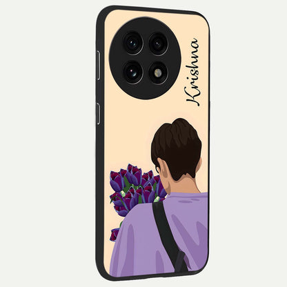 Boy Holding Flowers Glass Case for 1+13R side perspective highlighting delicate flower details and premium build