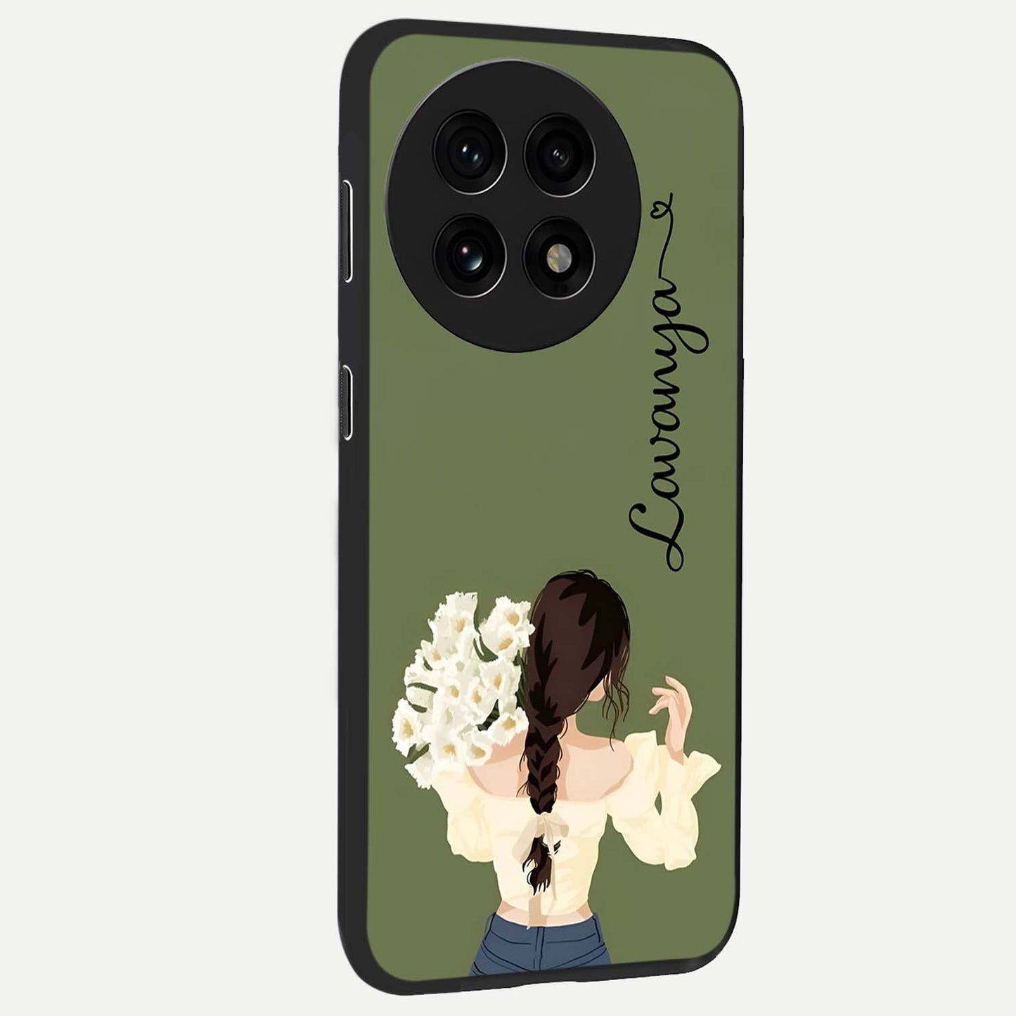 Braided Spring Beauty With Custom Name Glass Case for 1+13R side perspective highlighting custom name typography and smooth edges