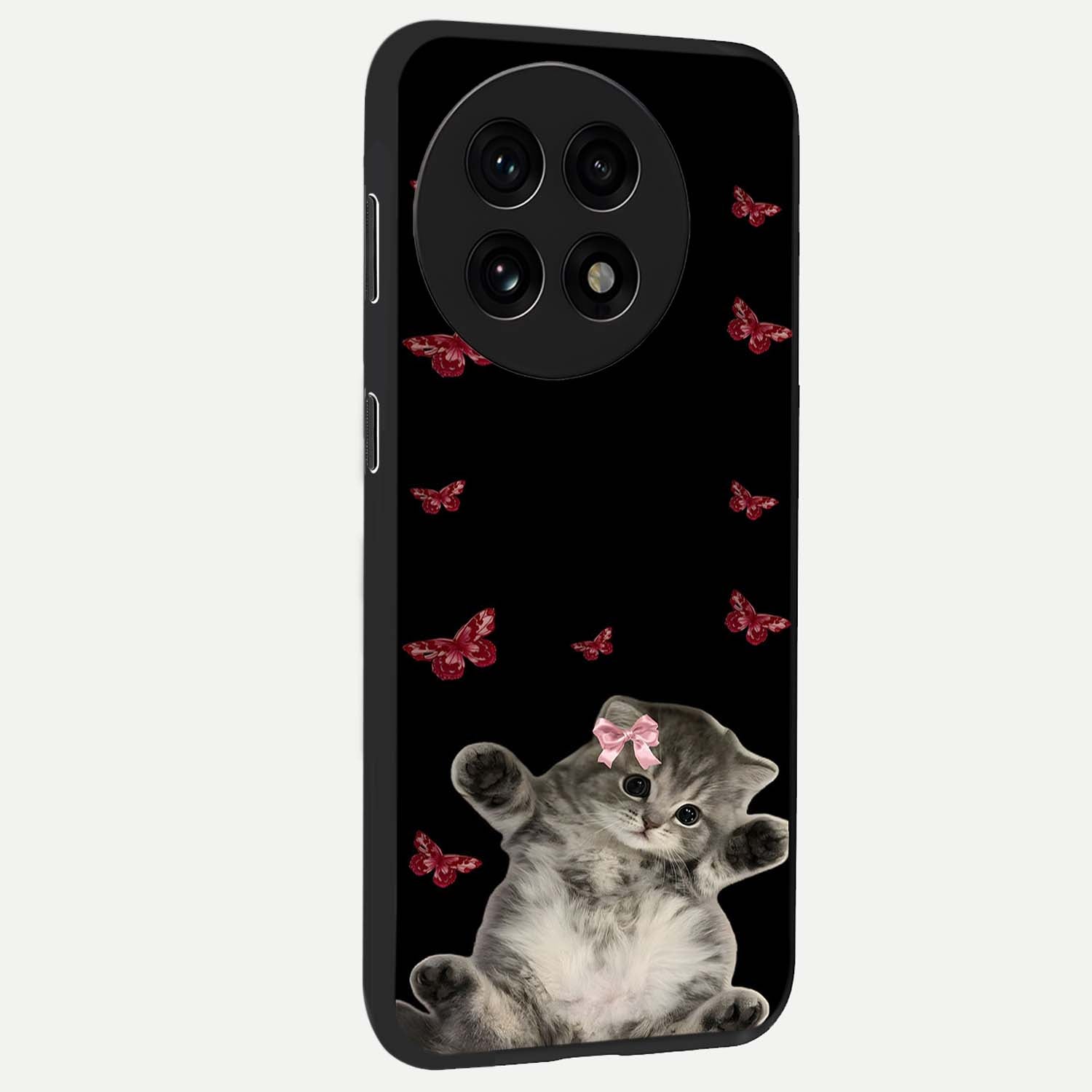 Butterfly Cat Bliss Glass Case for 1+13R side perspective highlighting delicate butterfly detailing and smooth edges