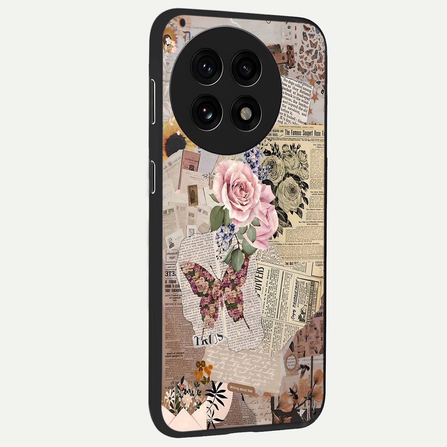 Butterfly News Bloom Glass Case for 1+13R side perspective highlighting intricate bloom details and premium finish