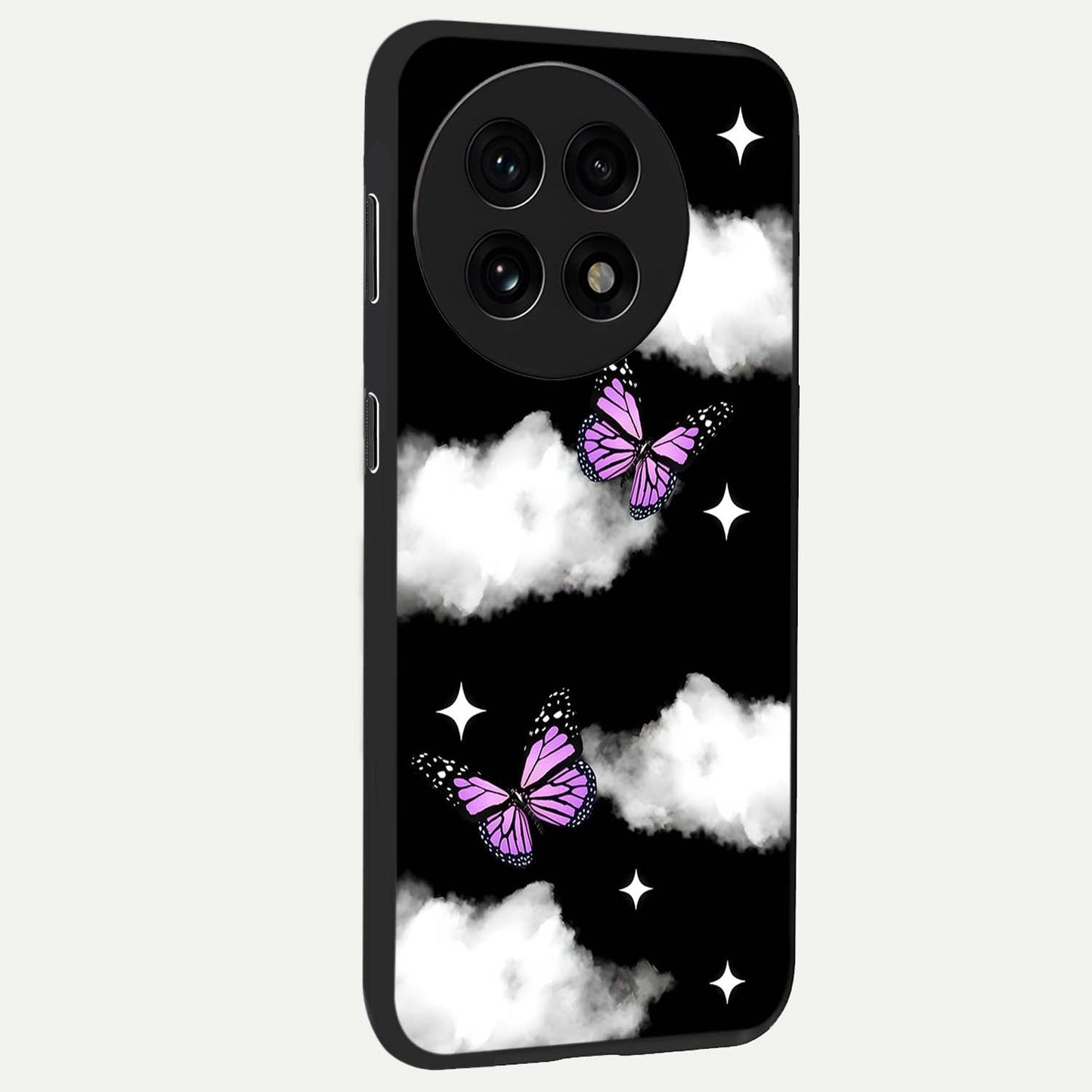 Butterfly Night Drift Glass Case for 1+13R side perspective highlighting glowing butterfly details and sleek edges