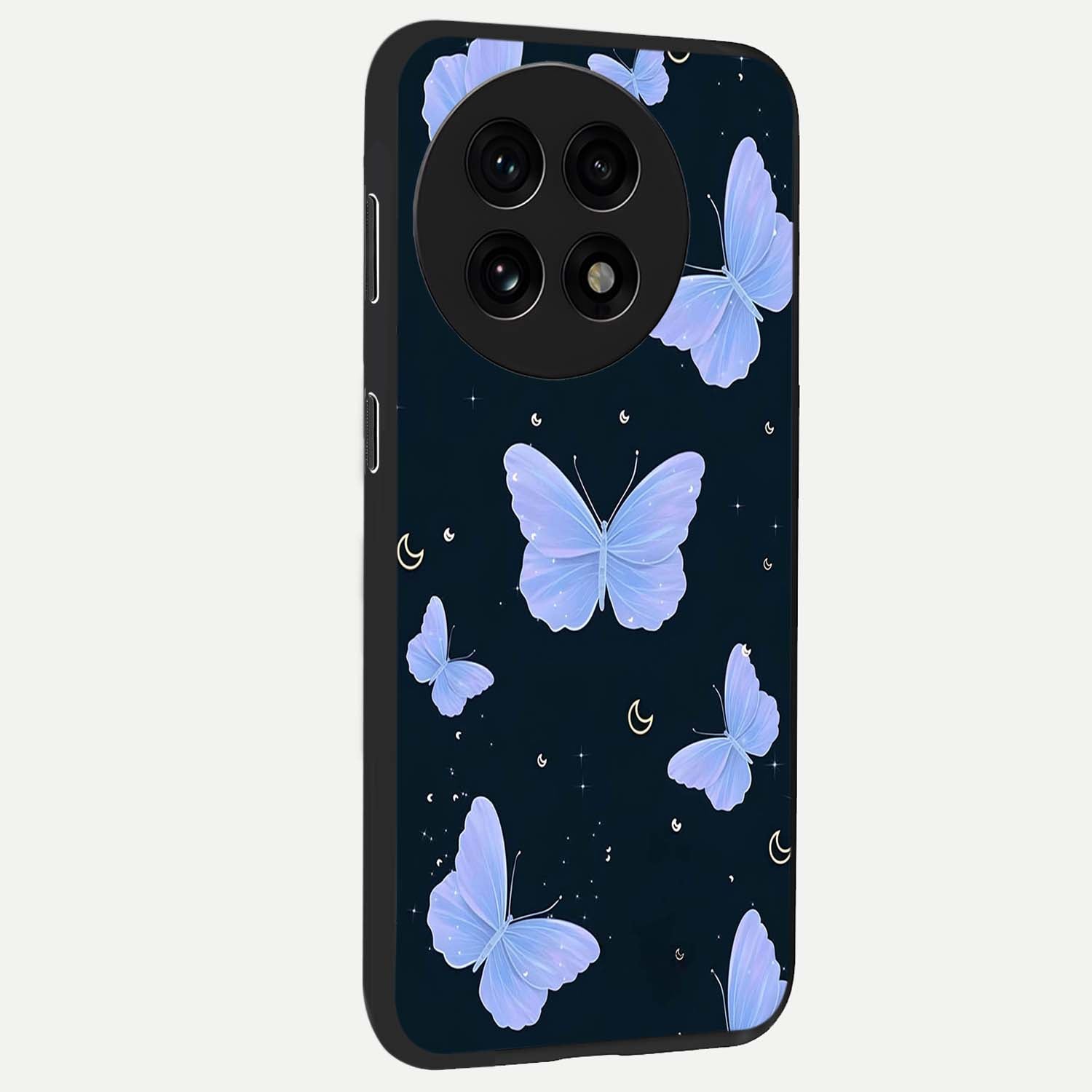Butterfly With Stars Pattern Glass Case for 1+13R side perspective highlighting glowing star details and premium edges