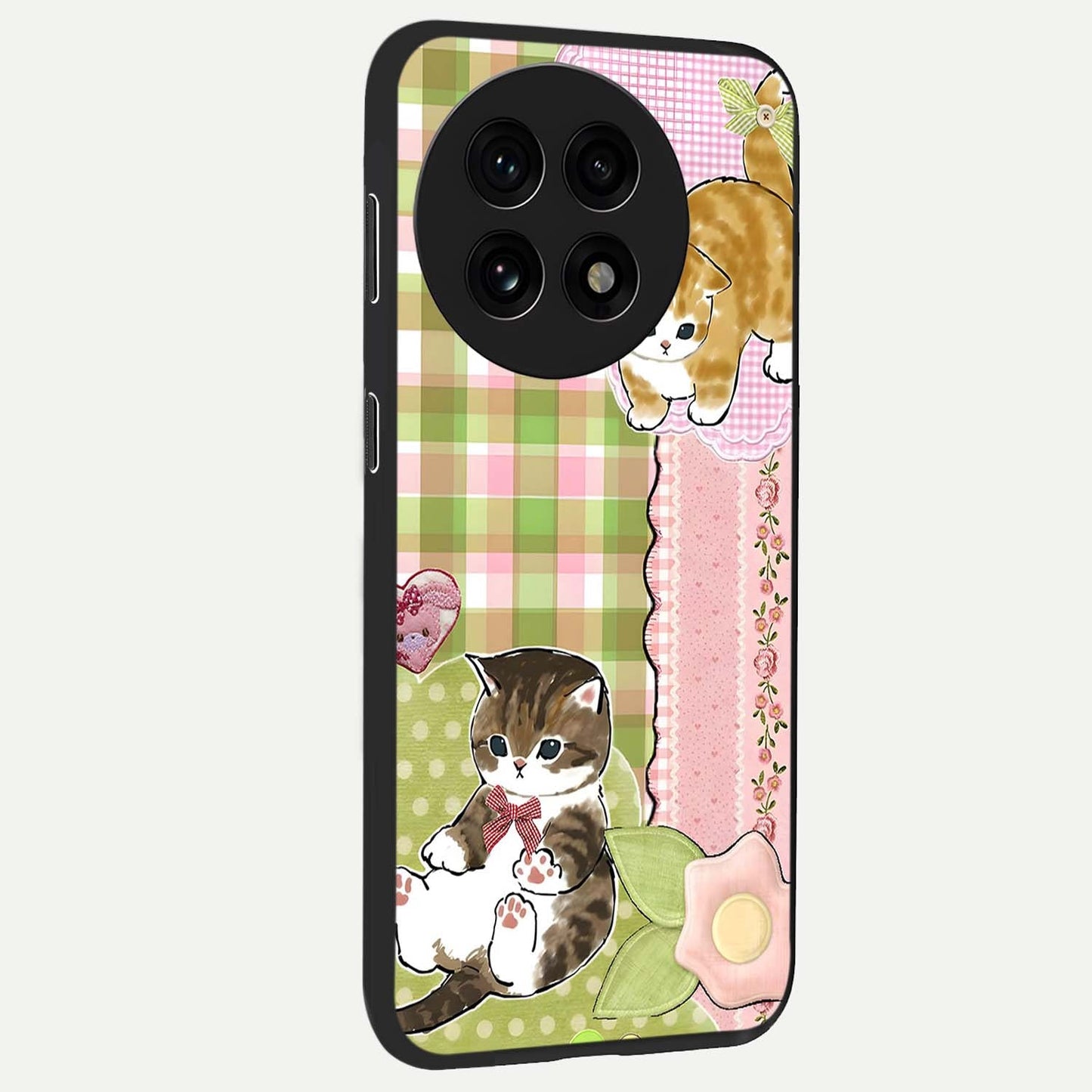 Cats Sweet Button Glass Case for 1+13R side perspective highlighting playful details and sleek premium build