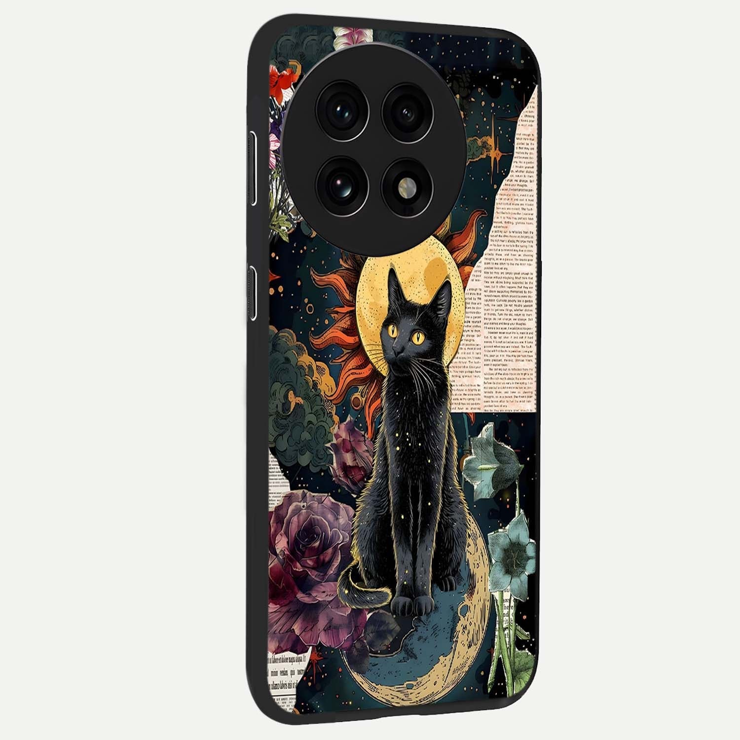 Celestial Black Cat Glass Case for 1+13R side perspective highlighting dark cosmic tones and premium edges
