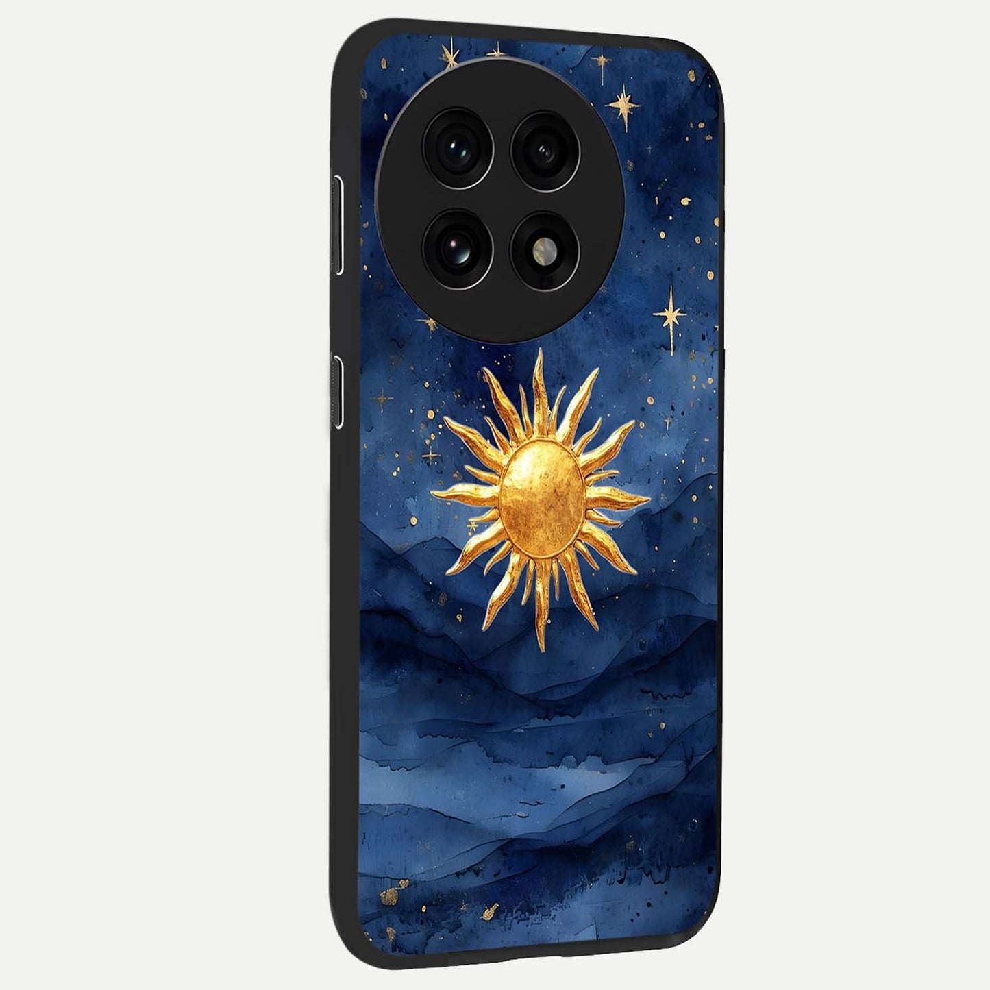Celestial Blue Glow Glass Case for 1+13R side perspective highlighting vibrant glow detailing and sleek edges