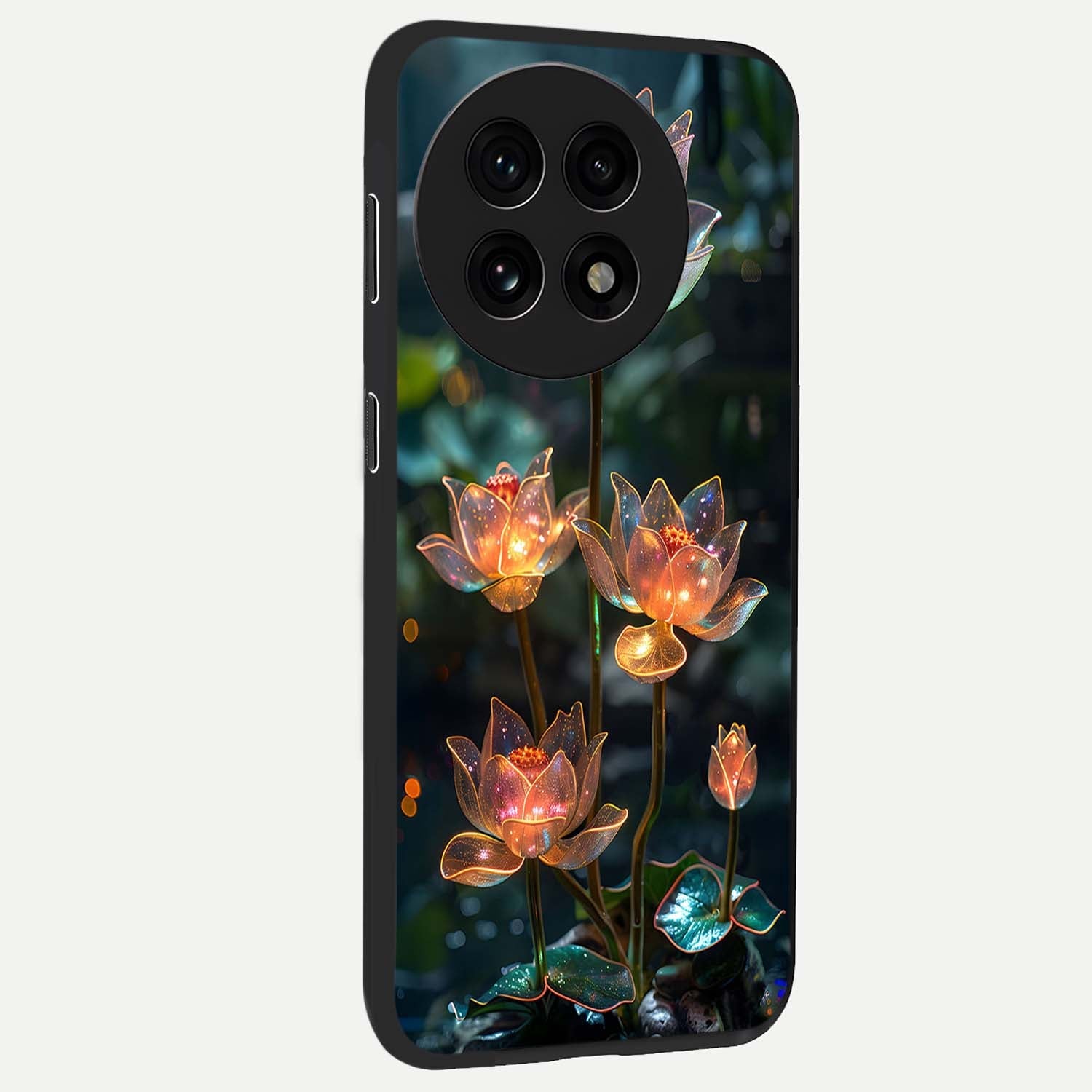 Celestial Lotus Light Glass Case for 1+13R side perspective highlighting delicate lotus detailing and premium finish