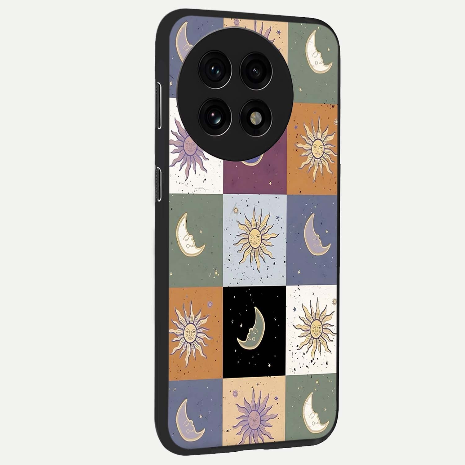 Celestial Patchwork Dreams Glass Case for 1+13R side perspective highlighting vibrant patchwork detailing and sleek edges