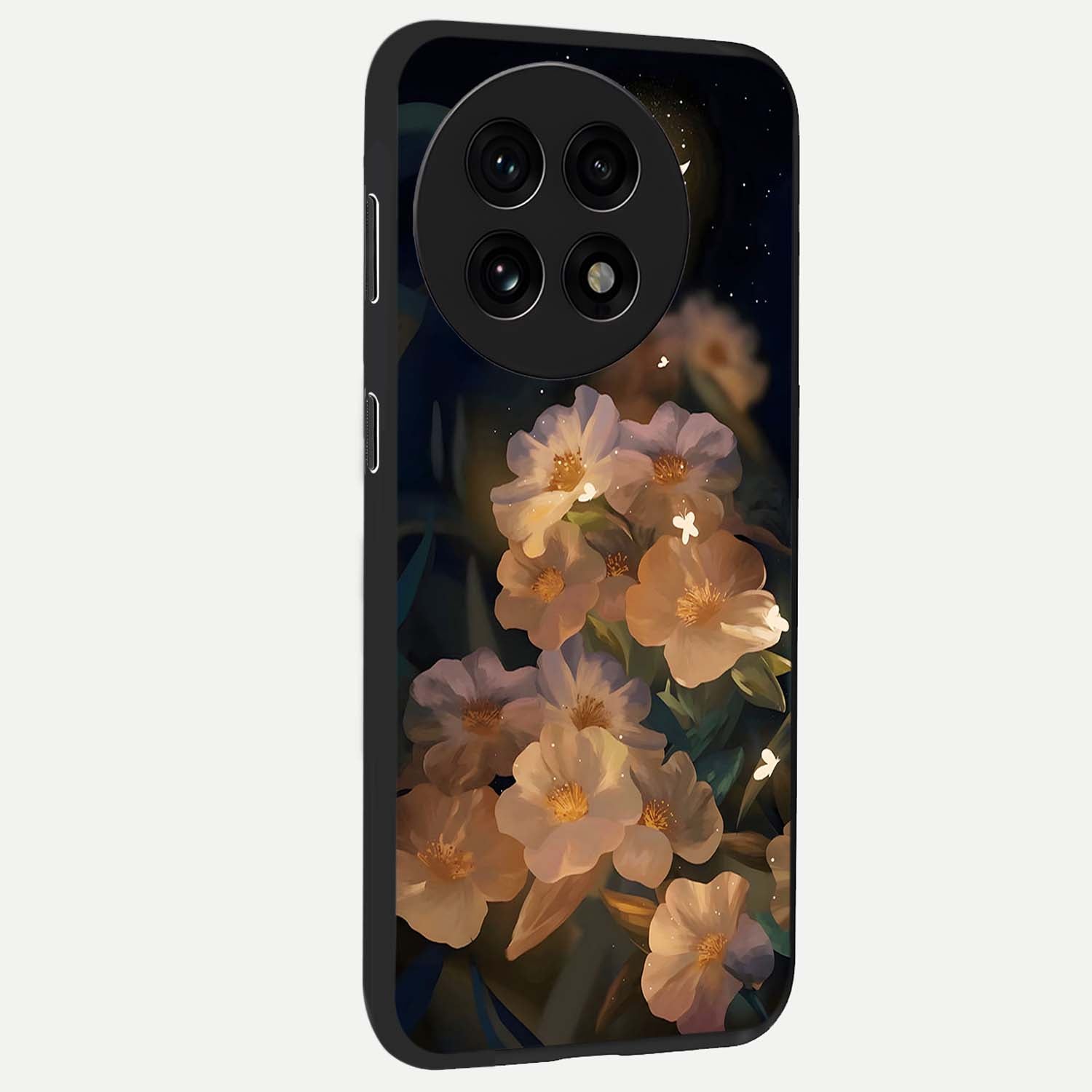Celestial Petal Night Glass Case for 1+13R side perspective highlighting delicate petal details and premium edges