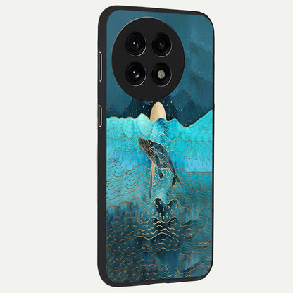 Celestial Whale Voyage Glass Case for 1+13R side perspective highlighting flowing whale illustration and premium detailing