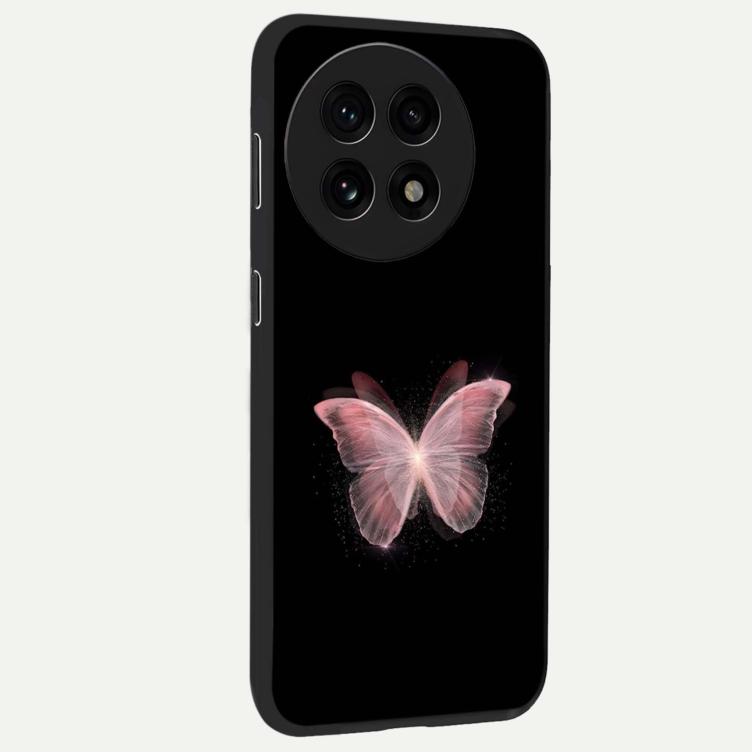 Celestial Wings Butterfly Glass Case for 1+13R side perspective highlighting intricate butterfly textures and smooth edges