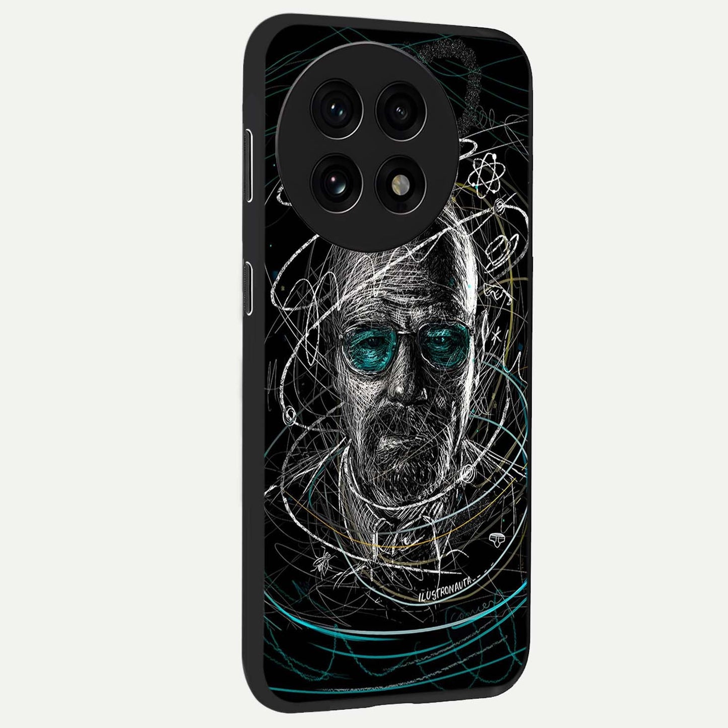 Chaotic Mind Genius Glass Case for 1+13R side perspective highlighting creative detailing and premium edge finish