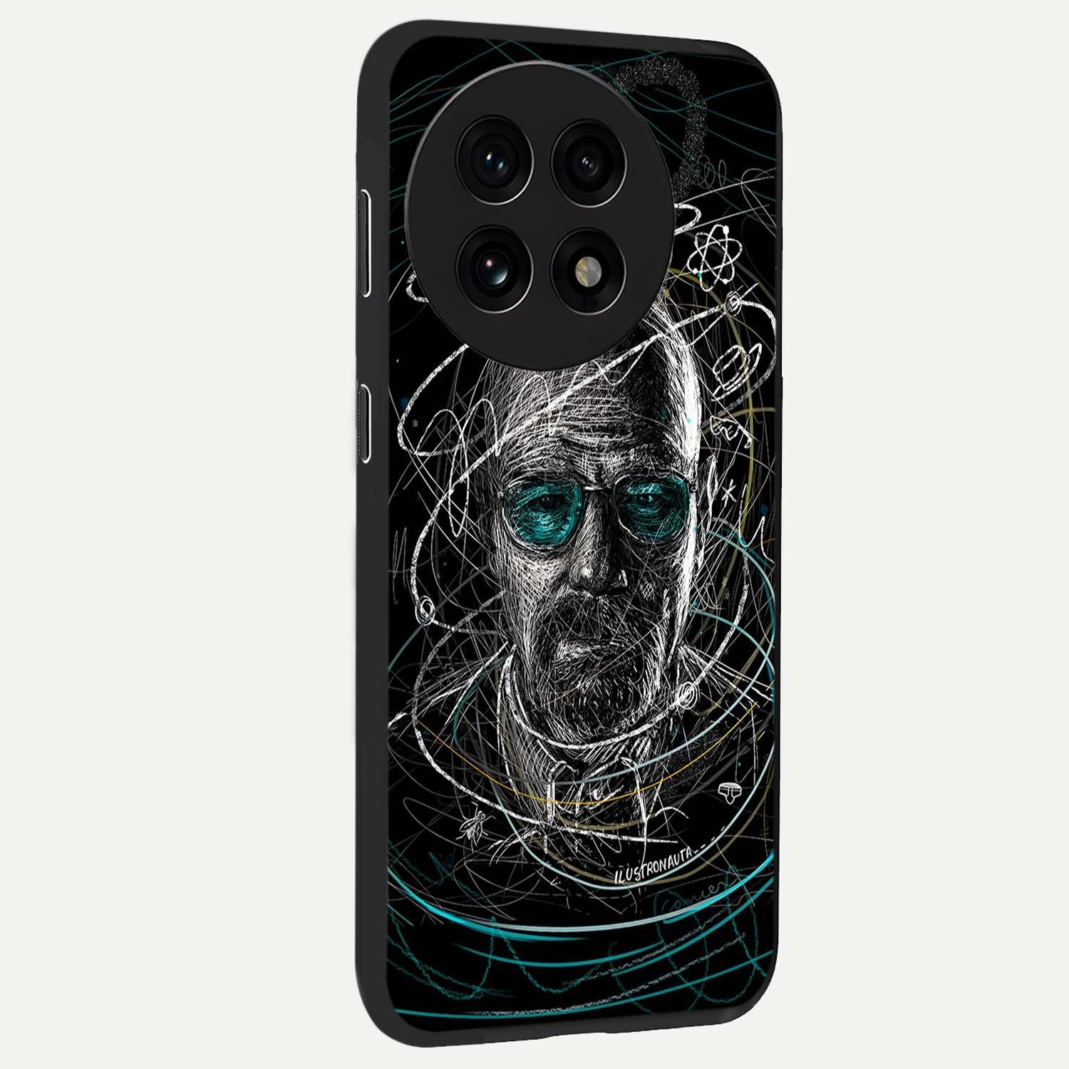 Chaotic Mind Genius Glass Case for 1+13R side perspective highlighting creative detailing and premium edge finish