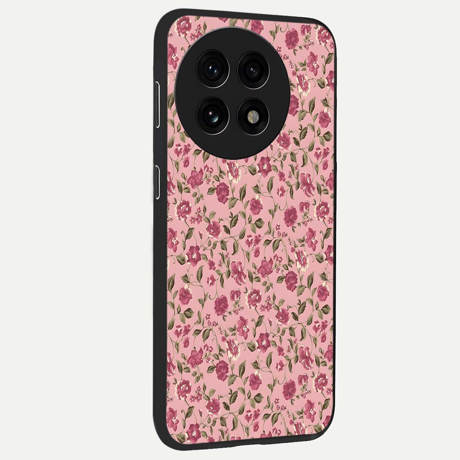 Charming Pink Floral Glass Case for 1+13R side perspective highlighting subtle floral textures and smooth edges