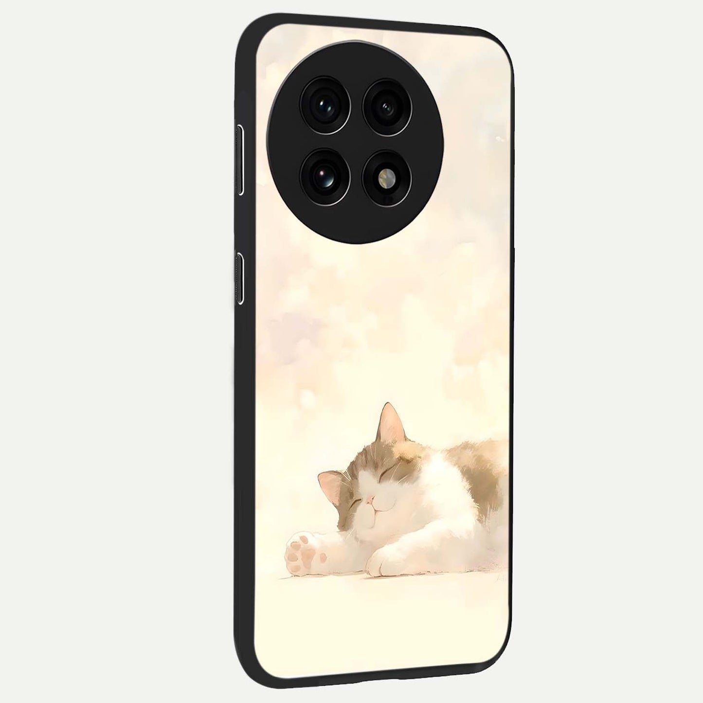 Cloud Nap Cat Glass Case for 1+13R side perspective highlighting charming feline details and premium edge finish
