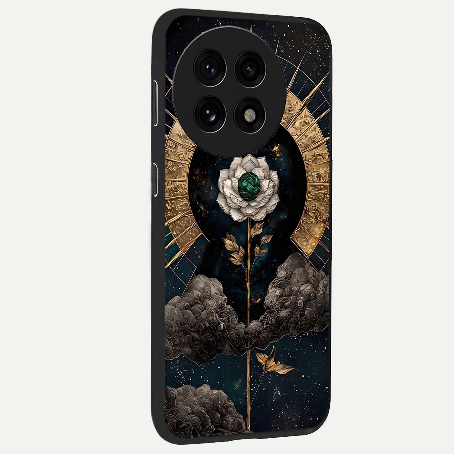 Cosmic Bloom Rose Glass Case for 1+13R side perspective highlighting glowing rose details and smooth premium build