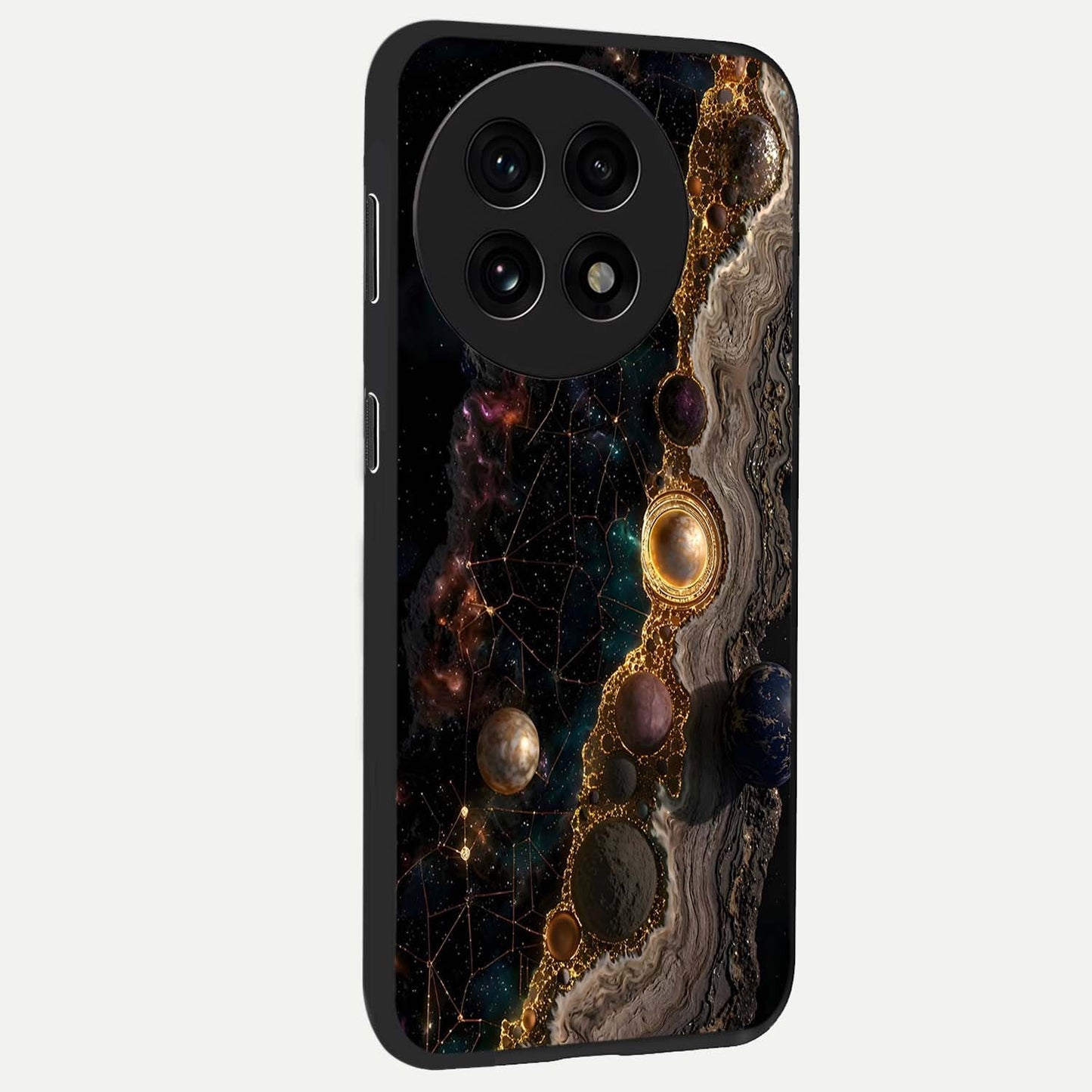 Cosmic Gold Path Glass Case for 1+13R side perspective highlighting premium metallic detailing and sleek edges