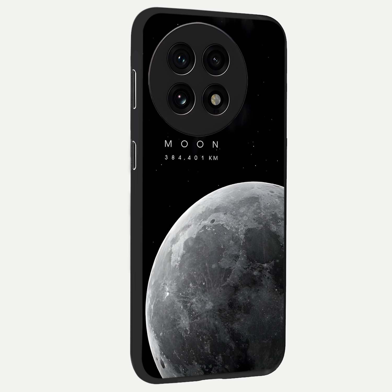 Cosmic Moon Glow Glass Case for 1+13R side perspective highlighting radiant moon detailing and smooth premium finish