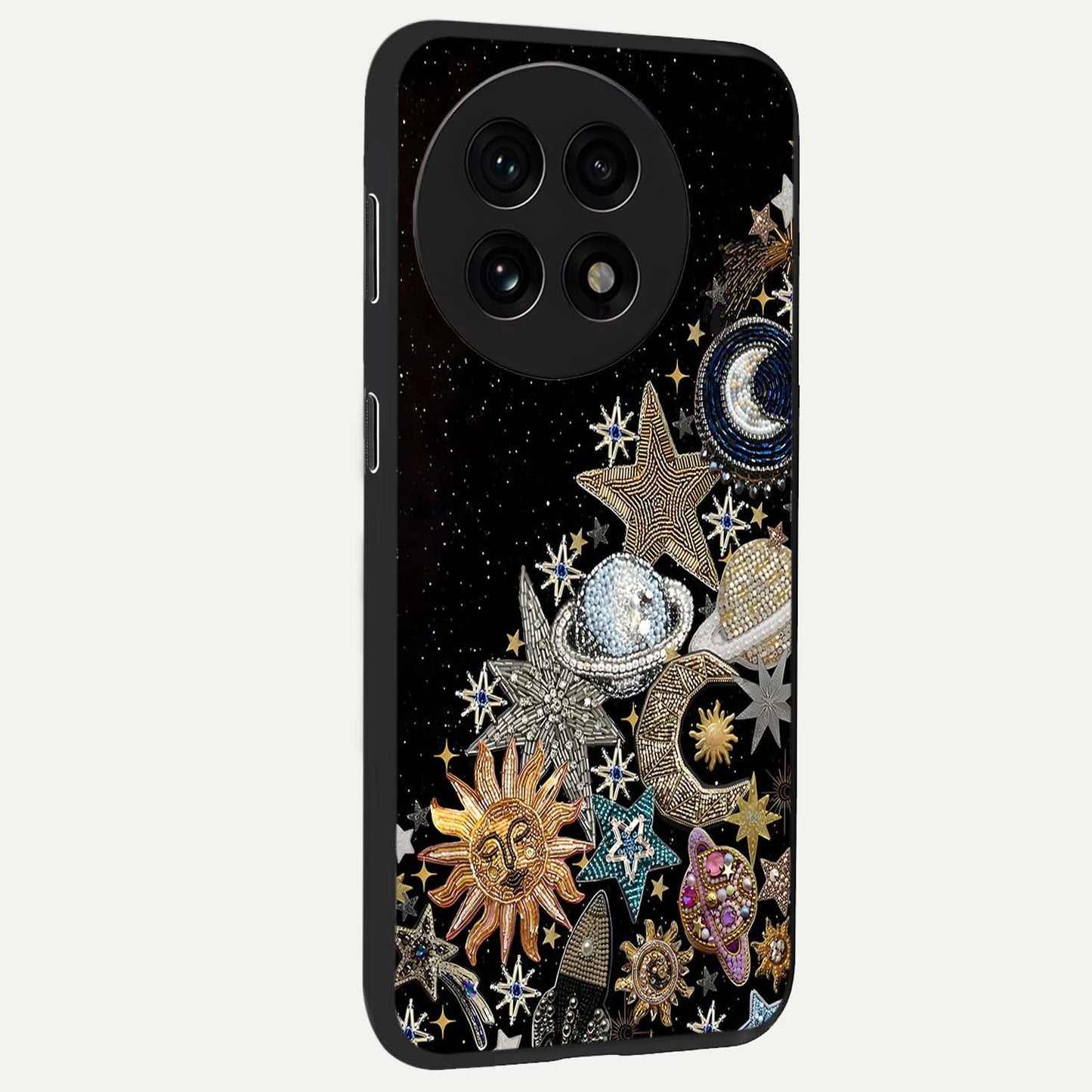 Cosmic Sparkle Dreams Glass Case for 1+13R side perspective highlighting shimmering textures and sleek edges