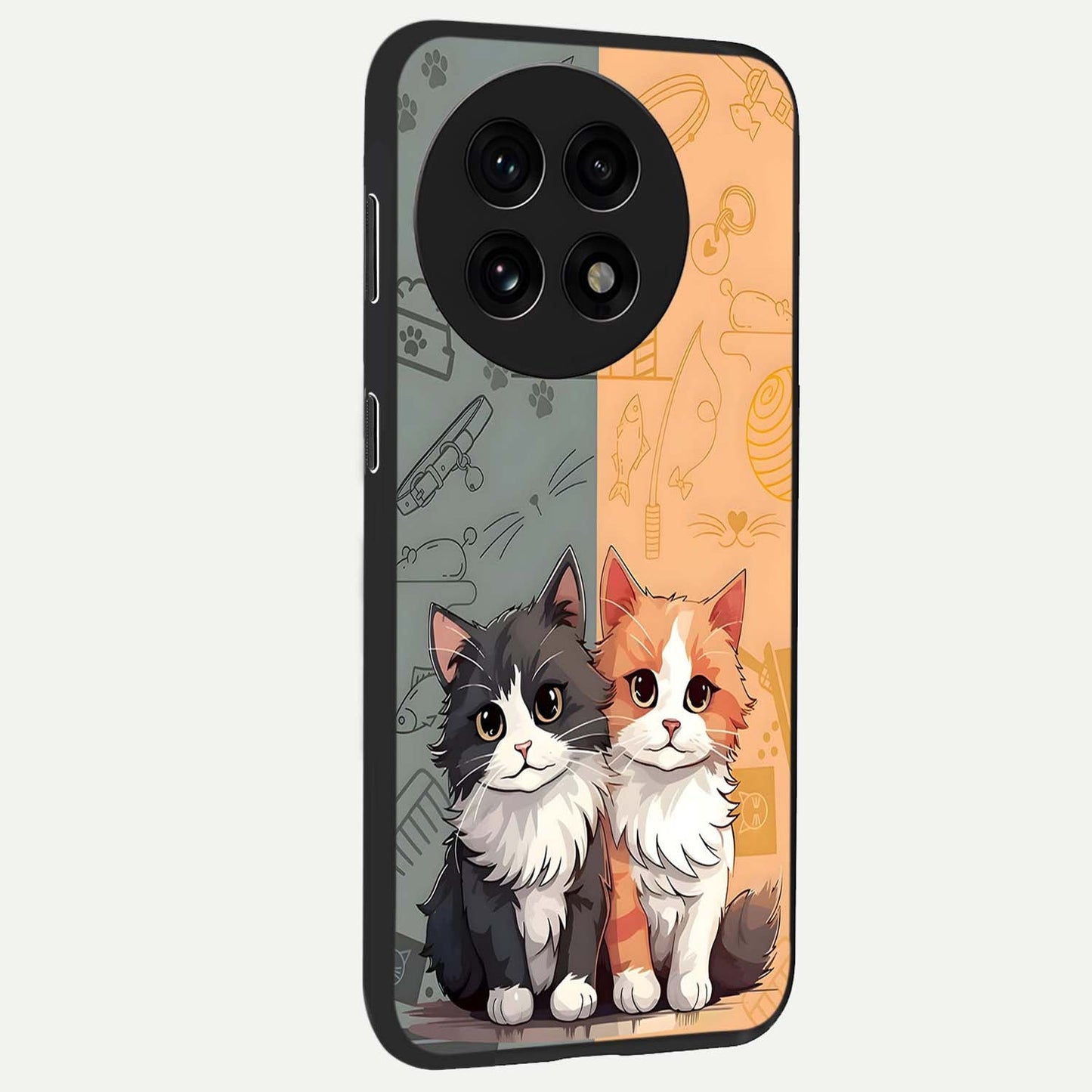 Cozy Cat Duo Glass Case for 1+13R side perspective highlighting playful cat detailing and sleek edges